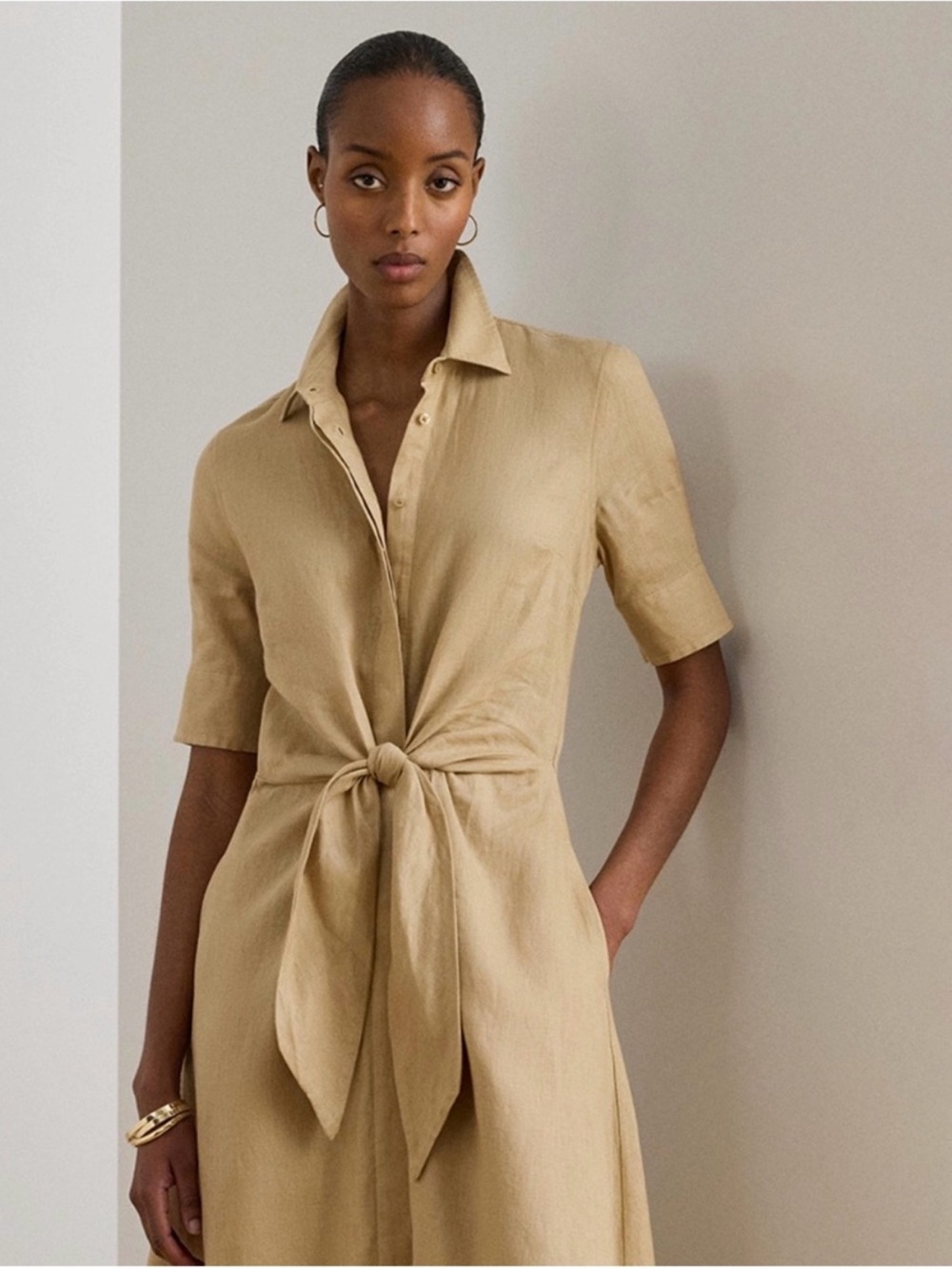 Lauren Ralph Lauren Women's Point Collar Shirt-Dress in Birch Tan, Size 12 - Picture 2 of 11